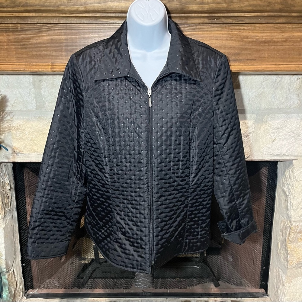 Talbots Quilted Jacket Black Studded Polka Dot Full Zip Lightweight Puffer